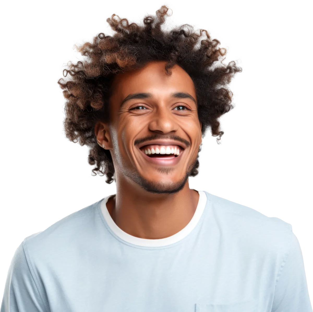 Smiling man with curly hair wearing a light blue shirt against a transparent background.